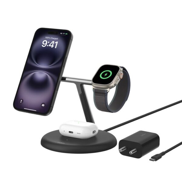 Belkin MagSafe 3-in-1 Qi2 Wireless Charger Stand 15W | Fast Charging iPhone Charger for iPhone 16, 15, 14 & 13 Series, AirPods, & Apple Watch | 36W Charger Included | Black