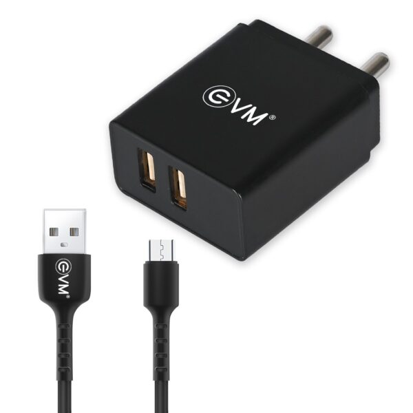 DUAL-USB-CHARGER-WITH-MICRO-USB-CABLE-Black-e1676286718628.jpg EVM Dual USB Charger With Micro USB Cable (Black) - Image 1