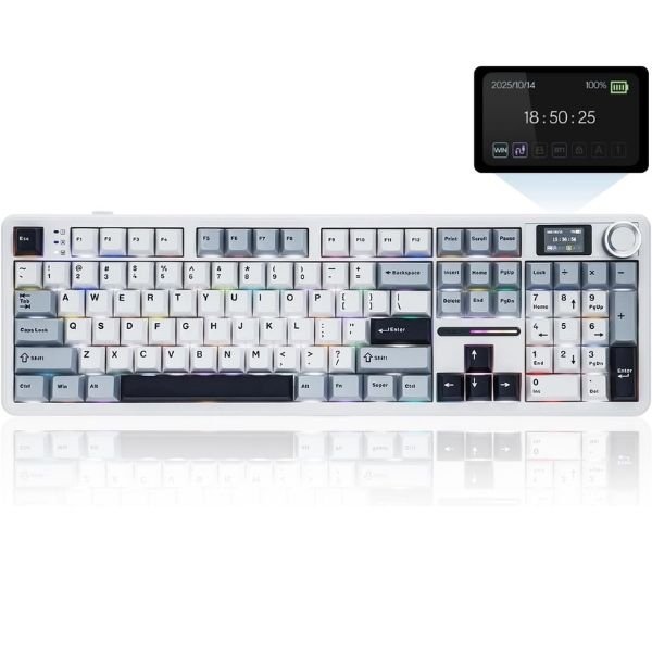 AULA F108PRO Tri-Mode Full Size Wireless Mechanical Gaming Keyboard with Screen & Knob | Ice Blue, Reaper Switch (F108ProIUR)